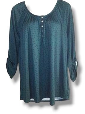 Notations Women’s Plus Size Stretchy Flowy Top Blouse Hunter Green Polka Dot NWT